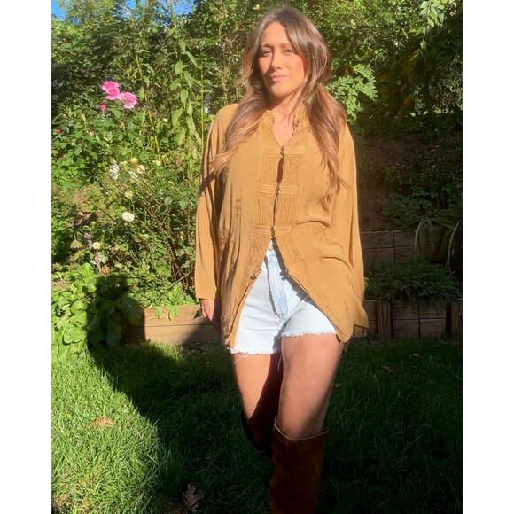 Vintage embroidered tunic — caramel + gold (fits S–L) Festival Boho - Picture 7 of 11